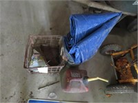 METAL CRATE, BUCKET WITH TARP, GAS CAN