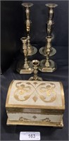 Baldwin Gold Tone Weighted Candlesticks, Wood Box.