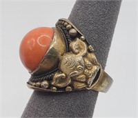 Vintage Silver Chinese & Coral Shou Emblem Ring