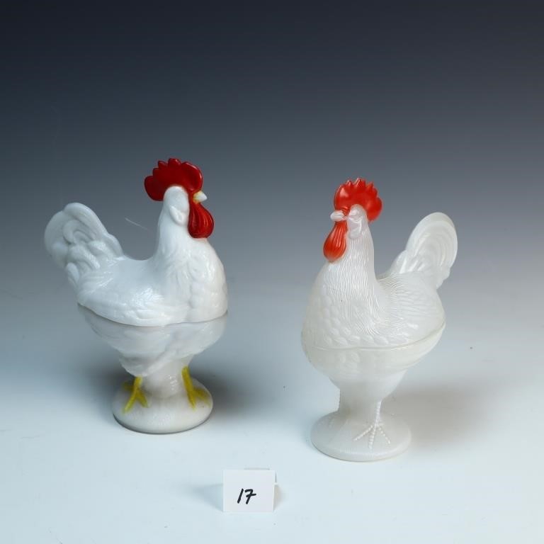 Two vintage milk glass roosters