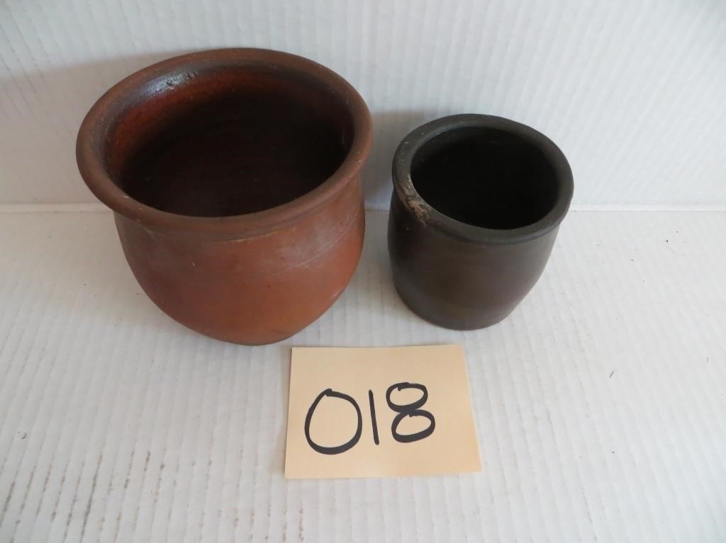 Two Early Redware Crocks - 5", 4" Bowl is Oblong