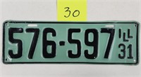 Illinois 1931 License Plate
