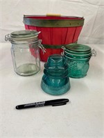 Vintage Glass Jars, Insulator & Basket