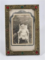 ANTIQUE GOLD TIN FRAME W/ JEWELS BABY PICTURE
