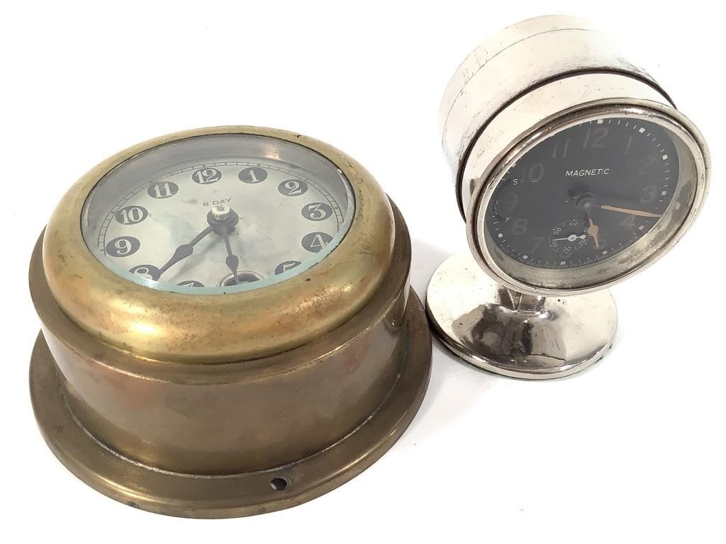 2 Vtg Clocks Brass 8 Day, Metal Magnetic Clock Co