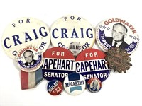 11 Political Buttons, Pins, Goldwater, Ike, Craig+