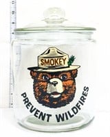 Round glass Smokey Bear canister w/ glass lid