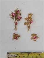 Metallic Gold & Pink Stone Brooch & Clip On Earrin