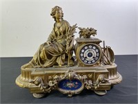 French Gilt Bronze Mantle Clock w/ Porcelain Face