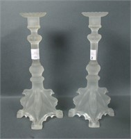 Two Val St Lambert Manchester Frosted Candlesticks