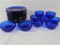 Vintage Lot of Blue Glass Salad Plates and Bowls