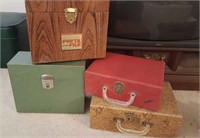 Two metal file boxes & two small suitcases