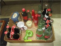 Box w/old Coke bottles, memorabilia