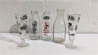 3 Vintage Glass Milk Jars & 2 Glasses T11D