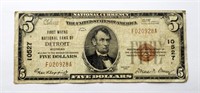 1929 $5 NATIONAL CURRENCY "DETROIT"