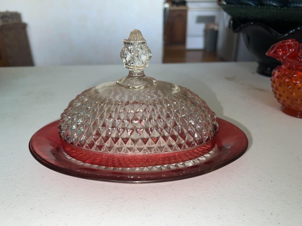 Diamond point ruby red butter dish