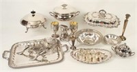 Large Group of Silver Plated Items, Trays, Goblets