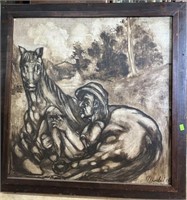 Farmer with horse on canvas artist signed lower