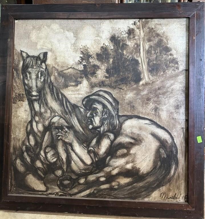 Farmer with horse on canvas artist signed lower
