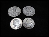 FOUR SILVER COINS - TWO 1940'S WALKING LIBERTY HAL