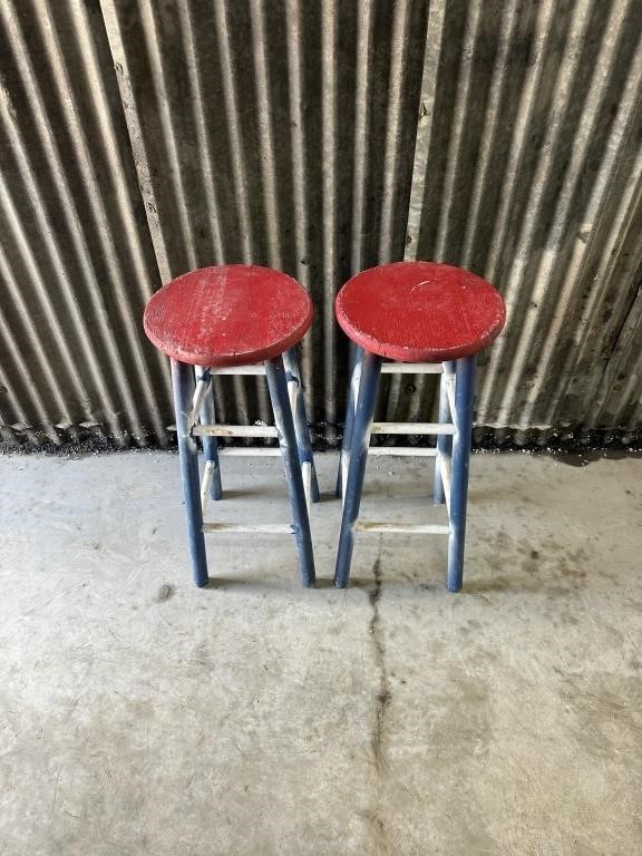 2 red white and blue barstools