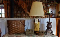 Duck lamp, picnic basket, pedestal ash tray