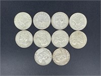10 - silver Franklin half dollars