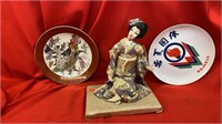 ASIAN GECIAN DOLL AND 2 PLATES