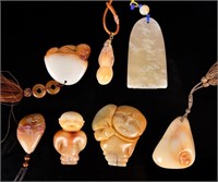 Group of 7Stone Carved Pendants/Ornaments w/Box