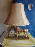 Vintage Brass Horse Clock & Lamp