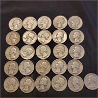 26 silver Washington Quarters various dates look