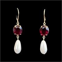 2.00ctw Ruby & Drop Pearl 14k Gold Earrings