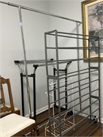 2 CLOTHING RACKS, SHOE RACK AND WROUGHT IRON RACK