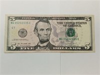 OF)FANCY SERIAL NUMBER 2013 $5Federal reserve Note