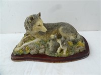 Wolf with Babies Statue on Wooden Stand 12" Wide