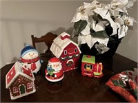 Christmas cookie jar and poinsettia