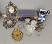 Group including a brass & glass display case - 14"