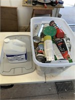 tote with lid full of misc. paint and