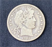 1902 Barber Silver Half Dollar US 50c Coin