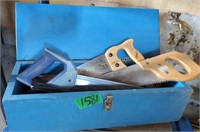Blue Painted Handmade Tool Box, Hand Saws. Under