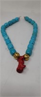 Turquoise and coral beaded necklace 27"long
