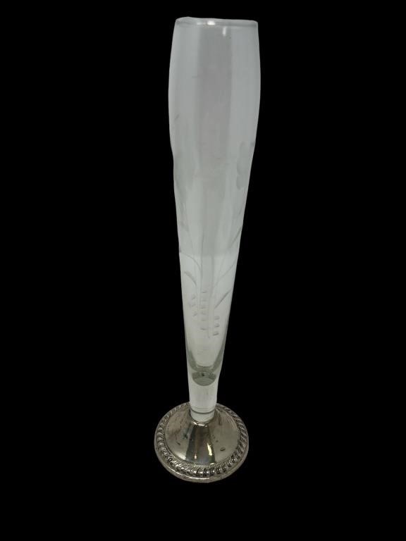 Duchin sterling silver cut etched glass vase