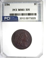 1794 Lg Cent PCI MS61 BN LISTS $25000 RARITY UNC