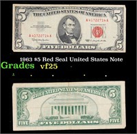 1963 $5 Red Seal United States Note Grades vf+