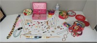 JEWELRY BOX,RINGS,NECKLACES,PINS ETC. & 3 TINS
