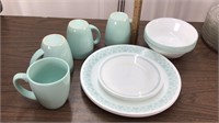 Corelle dishes & Mugs -turquoise & white