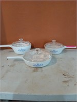 Set of three CorningWare pots with handles and