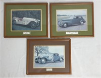 3 Framed & Matted Vintage Car Photographs