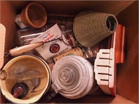 Box of vintage kitchen items and more