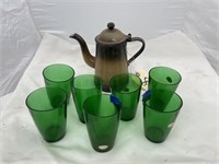 8 pc, 7 green tumblers, Brown Enamel Coffee Pot